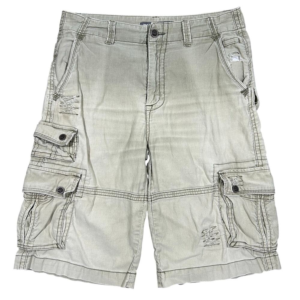 Y2K BKE Baggy Cargo Shorts 34 Waist Buckle Faded Distressed Repaired Tan Skater